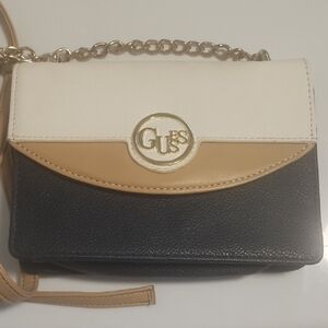 GUESS Tri-Tone Crossbody in Black, White & Tan with Gold Logo